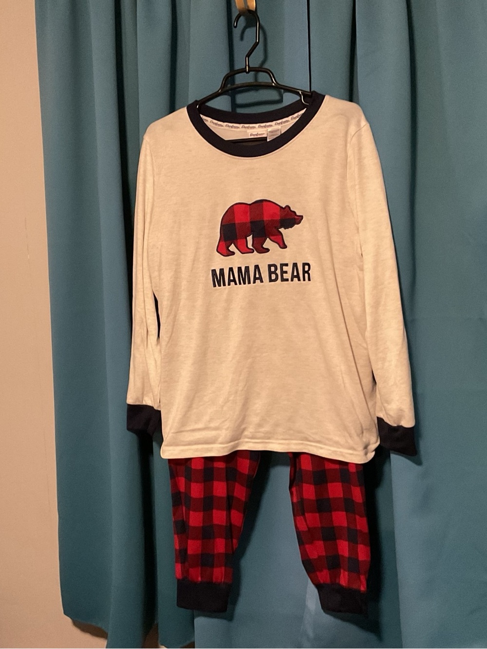 dearfoams Cream and Red Buffalo Plaid "Mama Bear" Kids Pajama Set